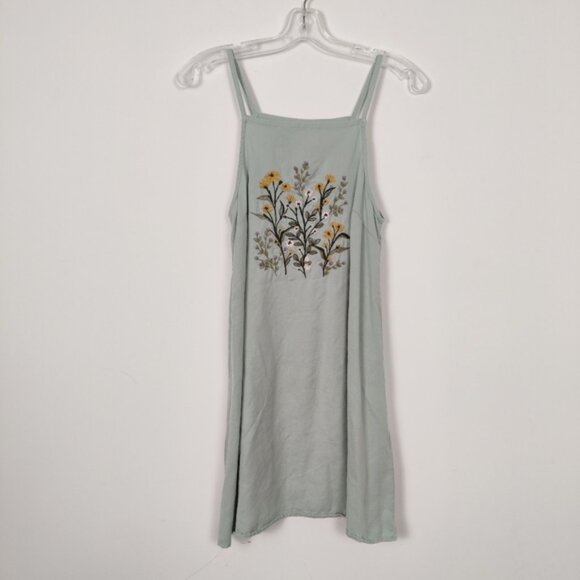 Simons Vision Women's Tank Top Denim Dress in Green Floral Embroidery Size Small - Picture 1 of 8